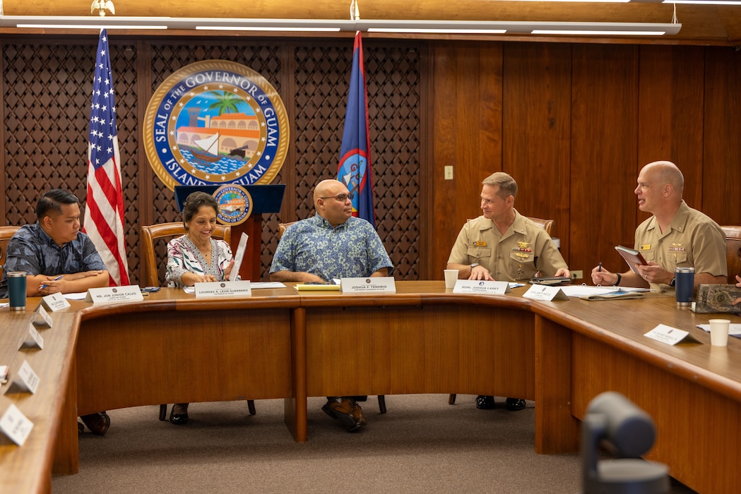 Guam Gov. Lourdes Leon Guerrero, Lt. Gov. Joshua Tenorio, U.S. Navy Rear Adm. Josh Lasky, commander, Joint Task Force-Micronesia, and Rear Adm. Brett Mietus, commander, Joint Region Marianas, provide updates during the Civil-Military Coordination Council meeting at the Ricardo J. Bordallo Complex in Hagatna, Nov. 14.