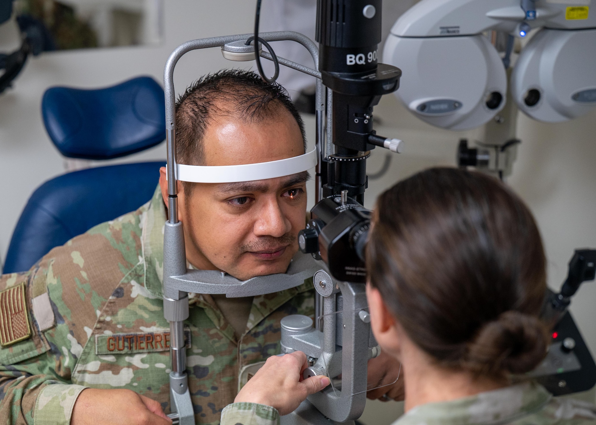 U.S Air Force Maj. Katelin Staley, 42d Medical Group human physical medicine optometry flight commander, performs an eye test check on Tech. Sgt. Gabino Gutierrez, 42d MDG performance flight chief, at Maxwell Air Force Base, Alabama, Nov. 5, 2025.