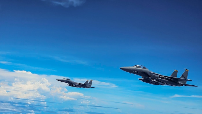 U.S. Air Force F-15E Strike Eagles assigned to the 336th Expeditionary Fighter Squadron conduct a mission sortie during a three-month deployment to U.S. Navy Support Facility Diego Garcia, British Indian Ocean Territory.