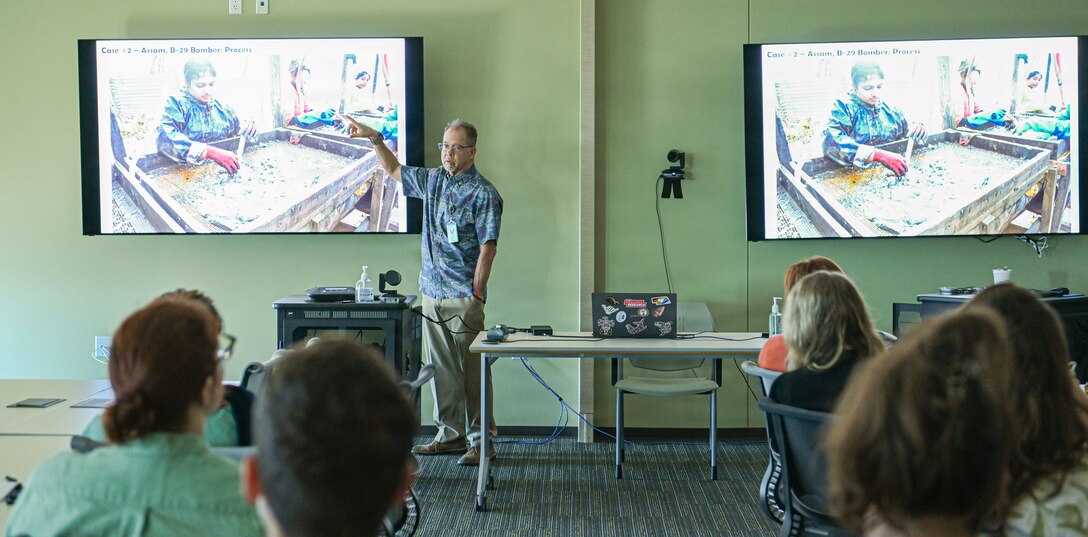 Dr. Bill Belcher, former Defense POW/MIA Accounting Agency laboratory deputy director, gives a material evidence lecture at the Daniel K. Inouye DPAA Center of Excellence, Joint Base Pearl Harbor-Hickam, Hawaii, Oct. 31, 2025.