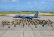 U.S. Air Force Airmen assigned to the 336th Expeditionary Fighter Squadron Detachment pose for a photo during a three-month deployment to U.S. Navy Support Facility Diego Garcia, British Indian Ocean Territory.