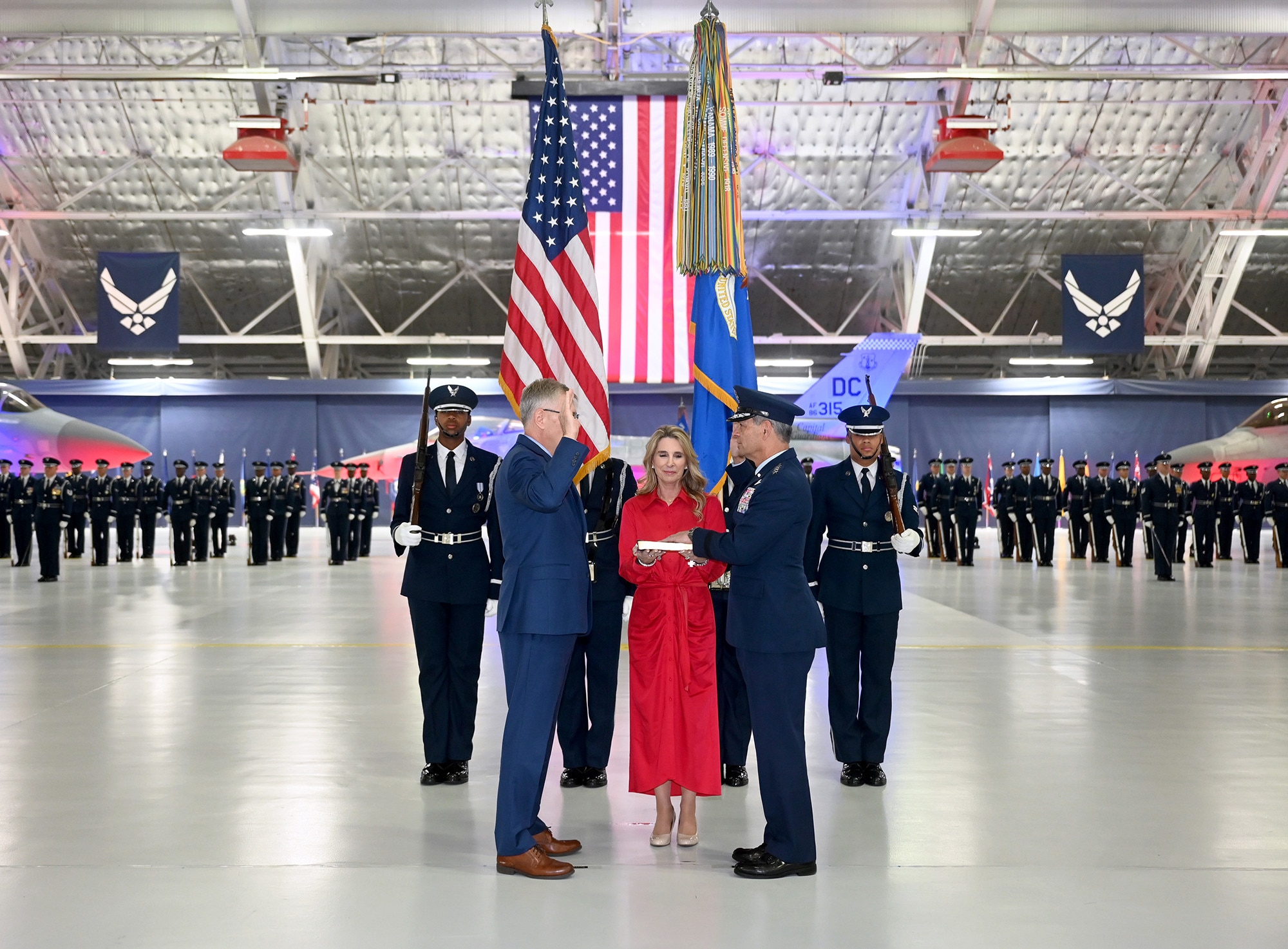 Secretary of the Air Force Troy Meink presides over the ceremony of Air Force Chief of Staff Gen. Ken Wilsbach during his assumption of responsibility ceremony at Joint Base Andrews.