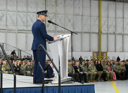 Secretary of the Air Force Troy Meink presides over the ceremony of Air Force Chief of Staff Gen. Ken Wilsbach during his assumption of responsibility ceremony at Joint Base Andrews, Md. Nov. 18, 2025. During the ceremony, Gen. Wilsbach was sworn in as the 24th Chief of Staff of the Air Force.