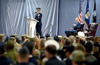 Secretary of the Air Force Troy Meink presides over the ceremony of Air Force Chief of Staff Gen. Ken Wilsbach during his assumption of responsibility ceremony at Joint Base Andrews, Md. Nov. 18, 2025. During the ceremony, Gen. Wilsbach was sworn in as the 24th Chief of Staff of the Air Force.