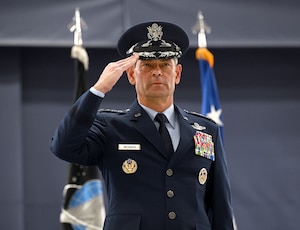 Secretary of the Air Force Troy Meink presides over the ceremony of Air Force Chief of Staff Gen. Ken Wilsbach during his assumption of responsibility ceremony at Joint Base Andrews, Md. Nov. 18, 2025. During the ceremony, Gen. Wilsbach was sworn in as the 24th Chief of Staff of the Air Force.