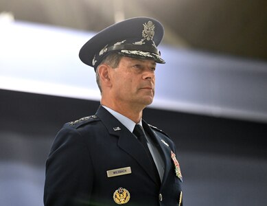 Secretary of the Air Force Troy Meink presides over the ceremony of Air Force Chief of Staff Gen. Ken Wilsbach during his assumption of responsibility ceremony at Joint Base Andrews, Md. Nov. 18, 2025. During the ceremony, Gen. Wilsbach was sworn in as the 24th Chief of Staff of the Air Force.