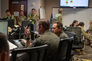 Members of the 140th Wing analyze the wing’s effectiveness during Exercise Centennial Strike at the Wing Operations Center on Buckley Space Force Base, Colorado, June 6, 2025.