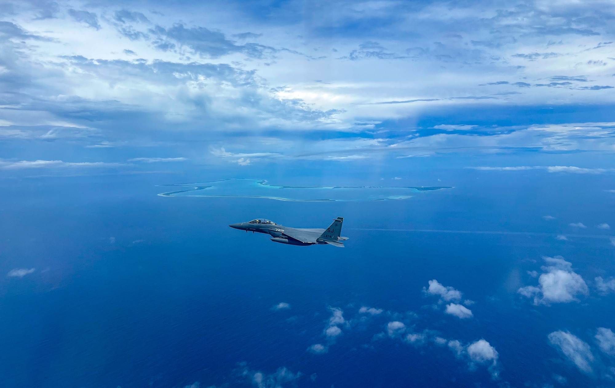A U.S. Air Force F-15E Strike Eagle assigned to the 336th Expeditionary Fighter Squadron conducts a mission during a three-month deployment to U.S. Navy Support Facility Diego Garcia, British Indian Ocean Territory.