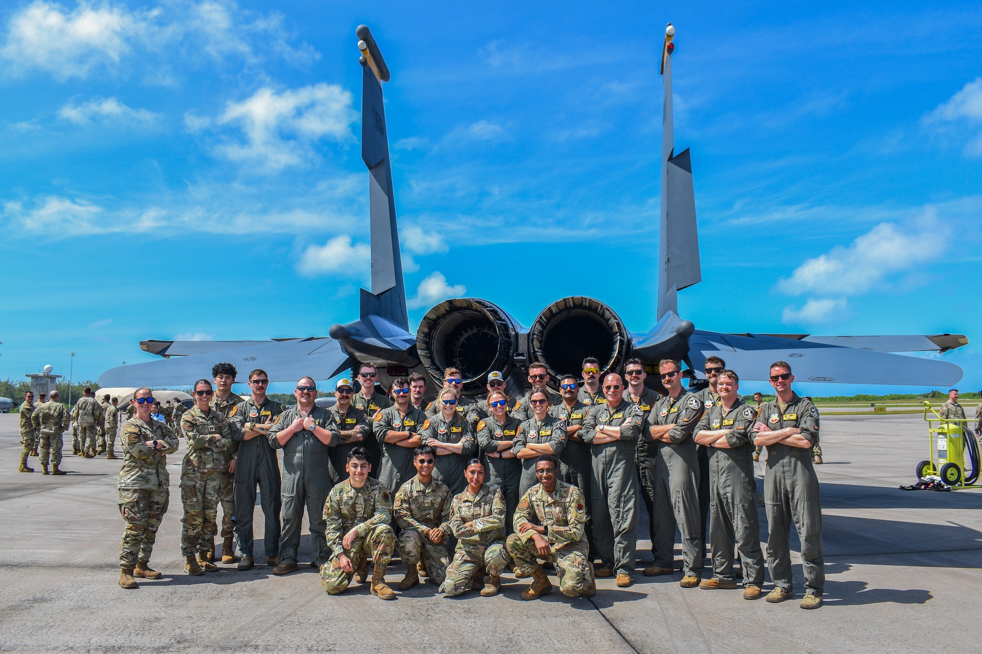 U.S. Air Force Airmen assigned to 336th Expeditionary Fighter Squadron pose for a photo in front of an F-15E Strike Eagle during a three-month deployment to U.S. Navy Support Facility Diego Garcia, British Indian Ocean Territory.