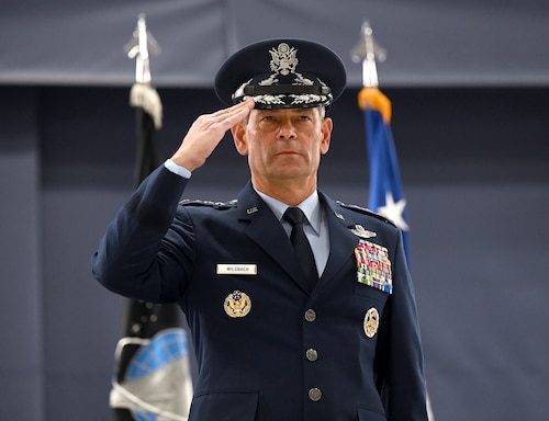 Secretary of the Air Force Troy Meink presides over the ceremony of Air Force Chief of Staff Gen. Ken Wilsbach during his assumption of responsibility ceremony at Joint Base Andrews, Md. Nov. 18, 2025. During the ceremony, Gen. Wilsbach was sworn in as the 24th Chief of Staff of the Air Force.