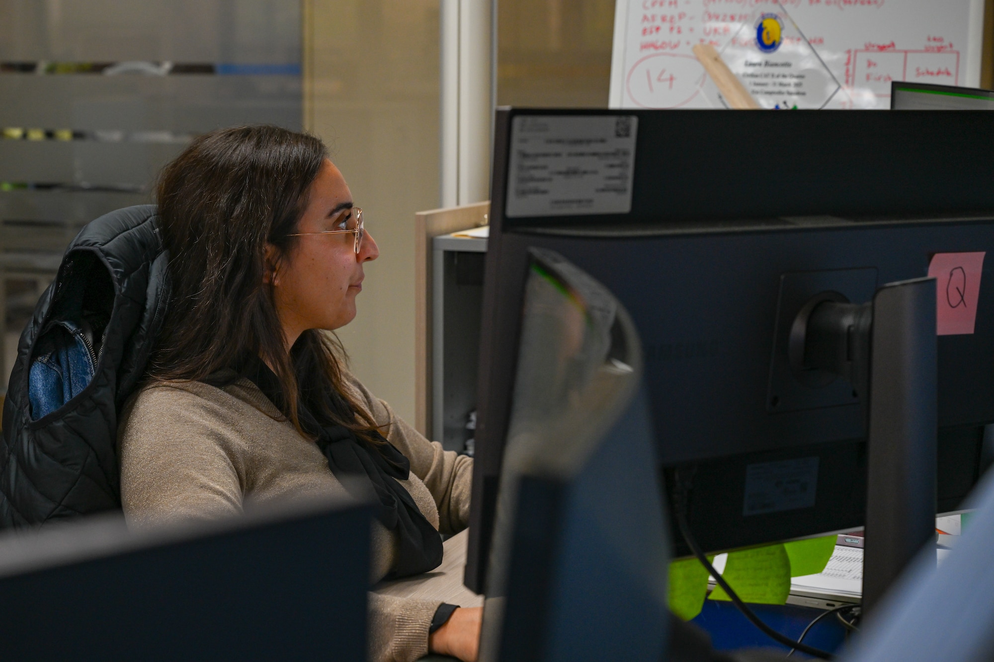 A lady looks at her computer.