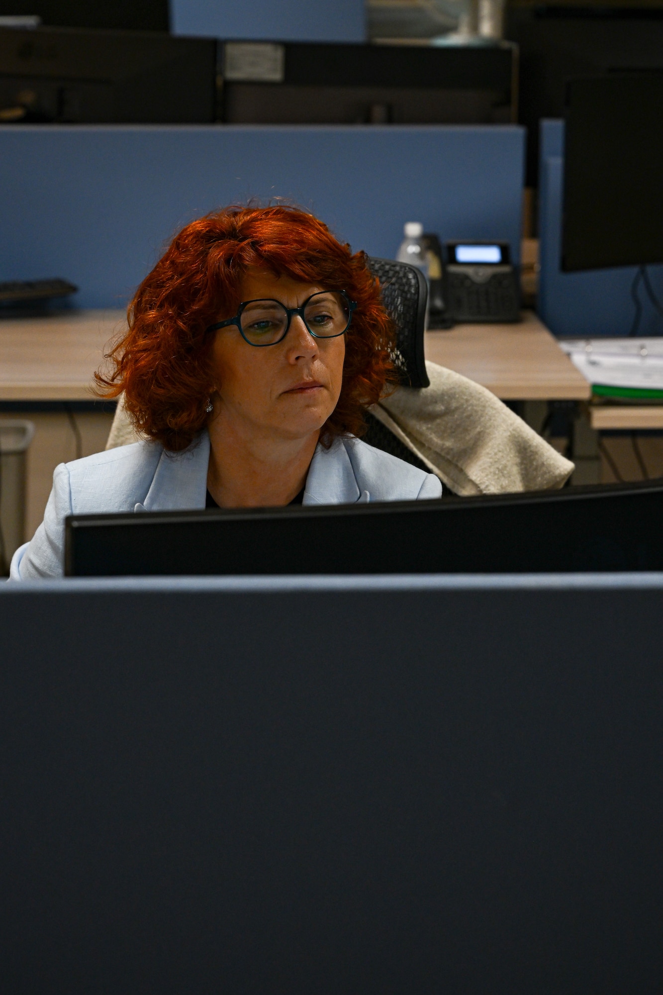 A lady looks at a computer.