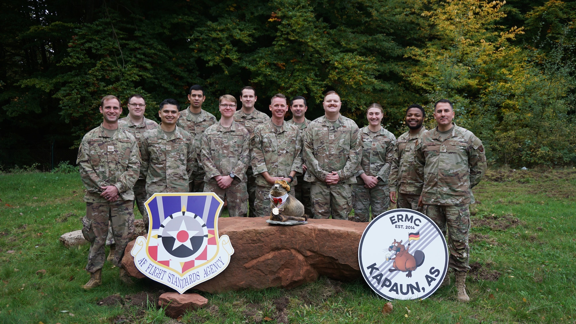 Personnel assigned to the European Regional Maintenance Center pose for a photo at Kapaun Air Station, Germany, Oct. 9, 2025. The ERMC consists of 17 Airmen who specialize in maintaining and troubleshooting radar, airfield and weather systems that enable safe aircraft landings in any condition. (U.S. Air Force courtesy photo)