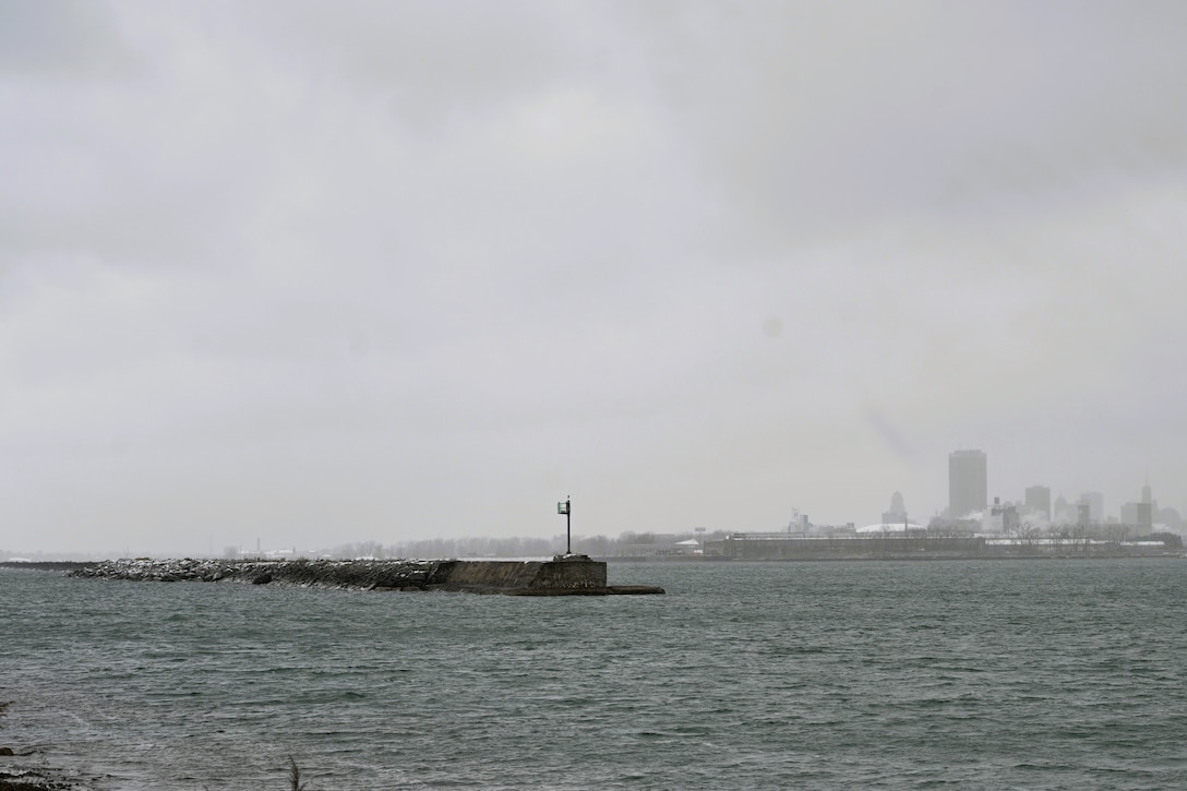 The U.S. Army Corps of Engineers is repairing the Buffalo South Breakwater, a crucial structure for navigation in Buffalo Harbor, which was severely damaged by winter weather in 2022 and 2023, Buffalo, N.Y.