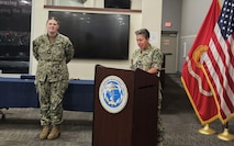 U.S Navy Captain Samantha Dutily, Chief of Staff at the Navy Warfare Development Center, addresses sailors, civilians, and contractors as they come together to celebrate the U.S. Navy's 250th birthday, reflecting on its rich history and the contributions of all who serve.