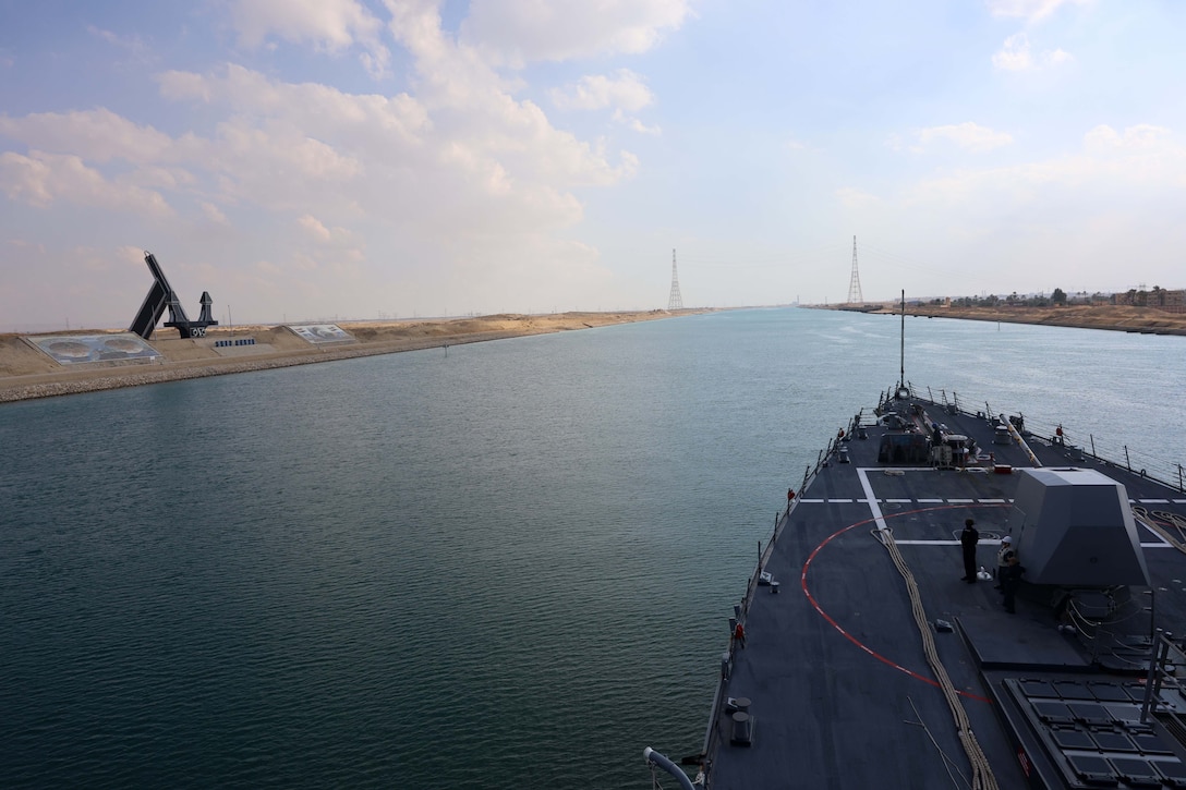 SUEZ CANAL (Nov. 13, 2025) The Arleigh Burke-class guided-missile destroyer USS Roosevelt (DDG 80) transits the Suez Canal in the U.S. Central Command (CENTCOM) area of responsibility. Roosevelt is deployed to the U.S. 5th Fleet area of operations to support maritime security and stability in the CENTCOM area of responsibility. (U.S. Navy photo by Mass Communication Specialist 1st Class Indra Beaufort)