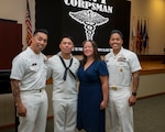 From left to right, Hospital Corpsman Chief Petty Officer Albert Rico, a manpower analyst at the Bureau of Medicine and Surgery, Hospitalman Jaylen Rico, retired Hospital Corpsman Chief Petty Officer Yvonne Mangaran and Force Master Chief PatrickPaul Mangaran, director of the Hospital Corps, pose for a photo after their son's graduation from Hospital Corpsman Basic Course Class 190-25 at Joint Base San Antonio - Fort Sam Houston, Texas, Oct. 07, 2025. Hospitalman Rico is now the fourth generation of his family to serve in the Navy, and joins his mother, father, stepfather and grandfather as a Hospital Corpsman. (U.S. Navy photo by Malcolm McClendon)