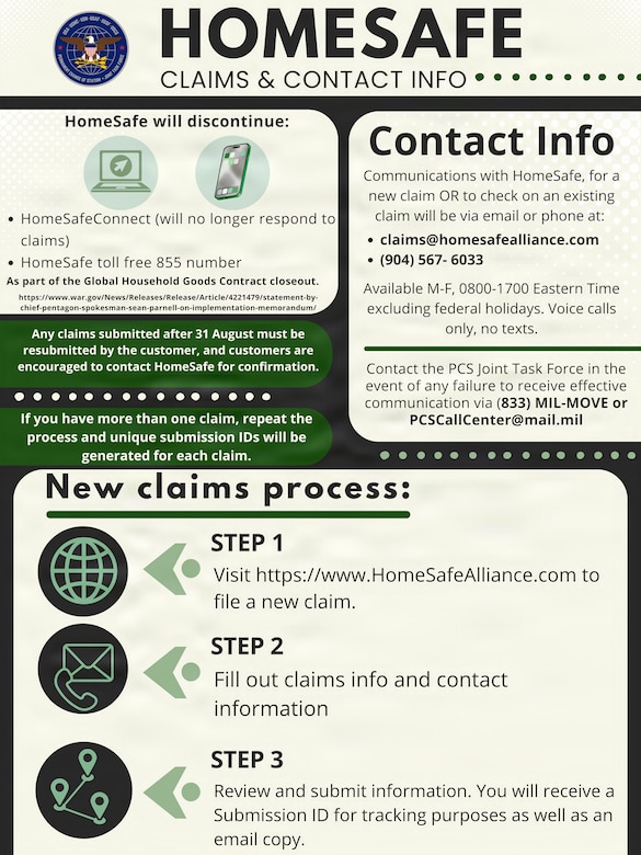 A graphic is shown depicting information on how service members can file a claim after moving their household items during a permanent change of station.