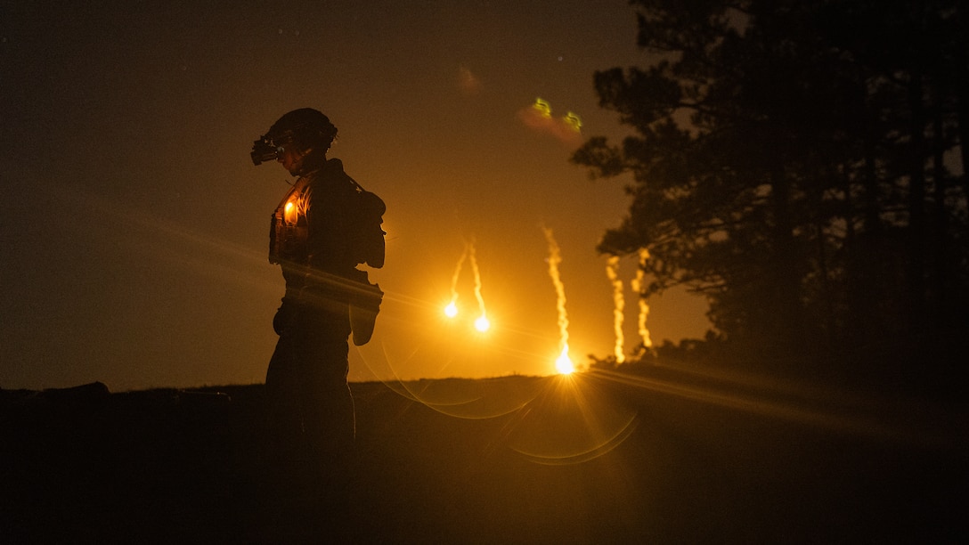 U.S. Marine Corps Sgt. Angel Ramirez, a rifleman with 3rd Battalion, 2nd Marine Regiment, 2nd Marine Division observes a live fire exercise at night as part of a Marine Corps Combat Readiness Evaluation on Marine Corps Base Camp Lejeune, North Carolina.