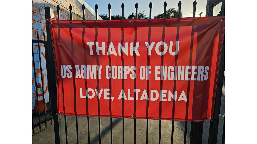 A sign in Altadena, Calif., June 18, 2025. It is one of many similar signs Christopher Zayas saw throughout Altadena in support of the USACE Southern California wildfires recovery mission after wildfires burned parts of Los Angeles in January 2025. Zayas said this particular sign was presented during a meet and greet thank you ceremony hosted by community leaders and residents. Photo by Christopher Zayas.