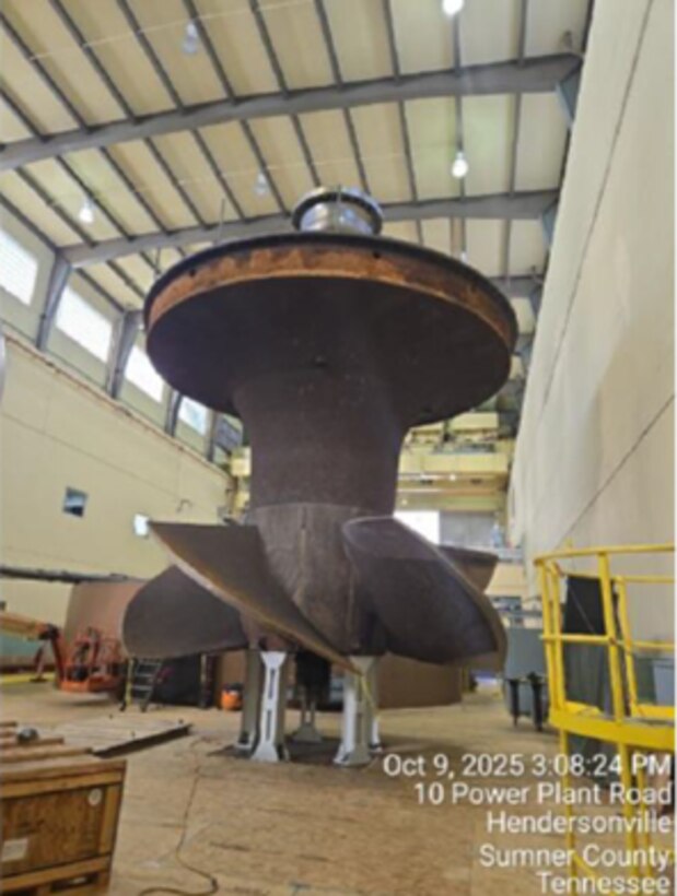 U.S. Army Corps of Engineers removes an original 1957 turbine from Unit 3 at Old Hickory Power Plant on Oct. 9, 2025. The turbine, set in place outside the unit, will be replaced by a new, more efficient model as part of ongoing Section 212 Hydropower Rehabilitation Program efforts.