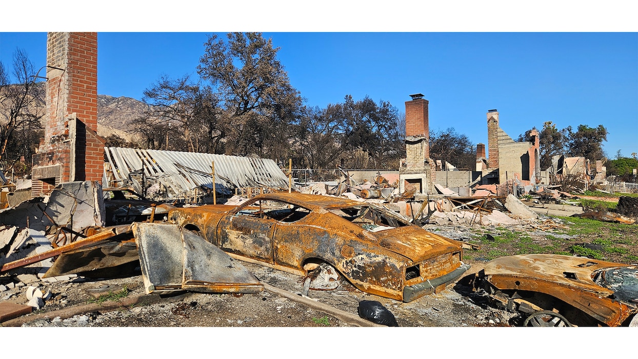 Ash and debris left after wildfires burned parts of Los Angeles in January 2025. The photographer took the photo while deployed in support of the USACE Southern California wildfires recovery mission, March 18, 2025. Photo by Keith Winemiller.