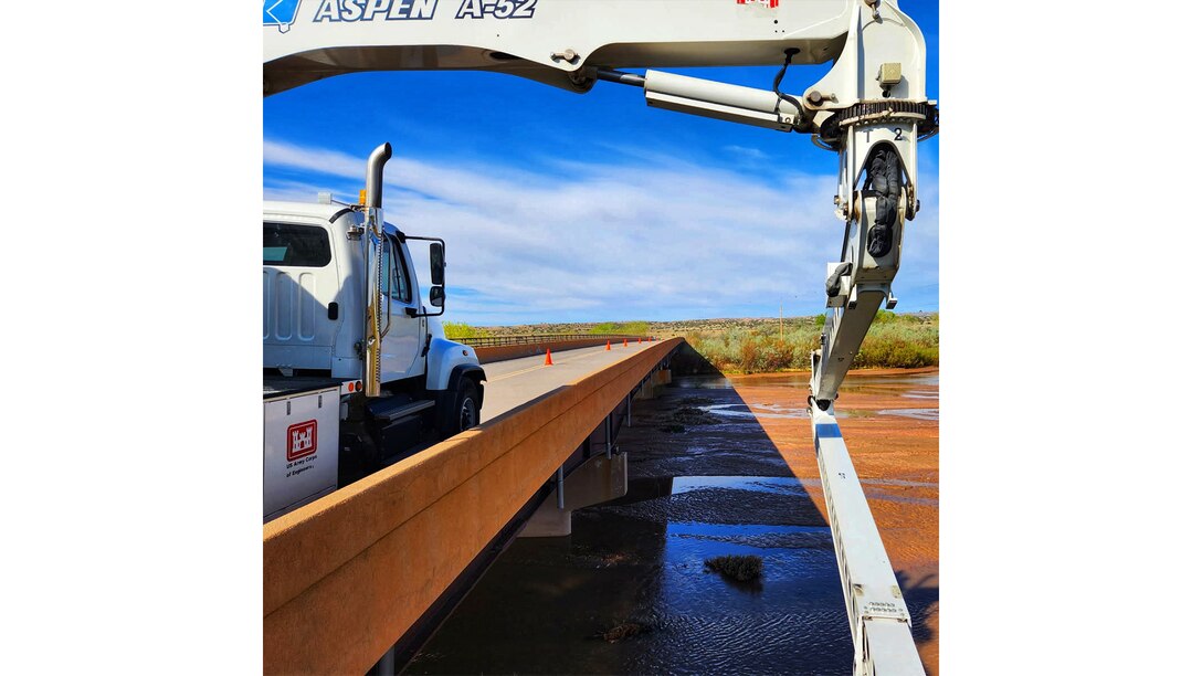 A Snooper Truck is utilized to inspect the Jemez River Bridge, May 2, 2025. Photo by Samantha Jones.