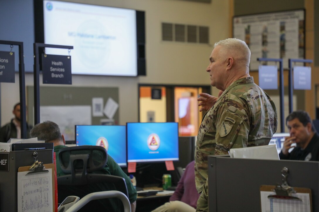 U.S. Army Maj. Gen. Haldane Lamberton speaks to the Soldiers and civilians taking part in Cyber Bluegrass at the Emergency Operations Center on Boone National Guard Center in Frankfort, Ky., Nov. 4, 2025.