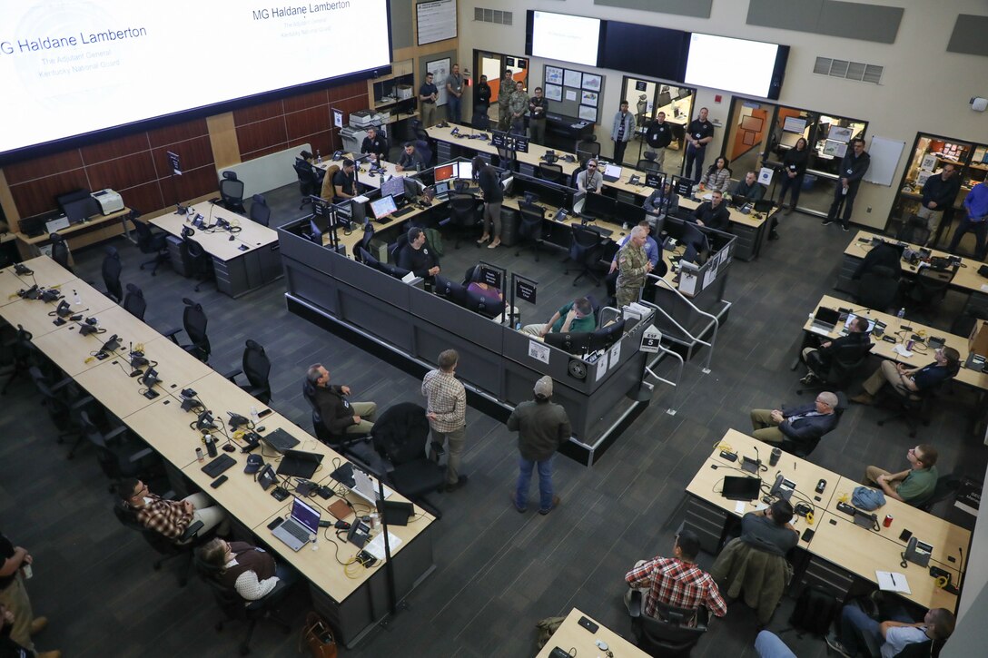 U.S. Army Maj. Gen. Haldane Lamberton, Kentucky's adjutant general, speaks to the Soldiers and civilians taking part in Cyber Bluegrass at the Emergency Operations Center on Boone National Guard Center in Frankfort, Ky., Nov. 4, 2025.