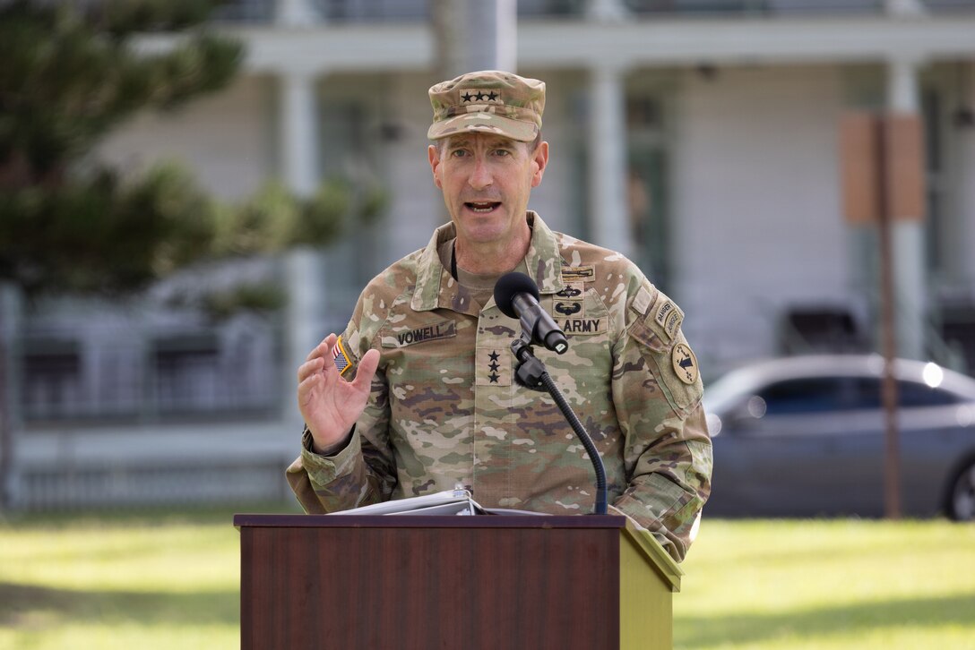 t. Gen. Joel Vowell, Deputy Commanding General of U.S. Army Pacific, gives his remarks on the precedence of the 1st Theater Information Advantage Detachment Activation Ceremony November 7, 2025, at Fort Shafter, Hawaii.