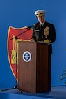 Adm. George M. Wikoff, Commander, U.S. Naval Forces Europe and Africa (NAVEUR/NAVAF) delivers remarks during a change of command ceremony held at Allied Joint Force Command (JFC) Naples, Nov. 19, 2025. For more than 80 years, NAVEUR/NAVAF has forged strategic relationships with Allies and partners, leveraging a foundation of shared values to share the duties of preserving security and stability. (U.S. Army photo by Master Sergeant Ryan Hohman)