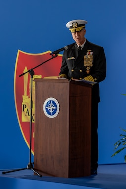 Adm. George M. Wikoff, Commander, U.S. Naval Forces Europe and Africa (NAVEUR/NAVAF) delivers remarks during a change of command ceremony held at Allied Joint Force Command (JFC) Naples, Nov. 19, 2025. For more than 80 years, NAVEUR/NAVAF has forged strategic relationships with Allies and partners, leveraging a foundation of shared values to share the duties of preserving security and stability. (U.S. Army photo by Master Sergeant Ryan Hohman)