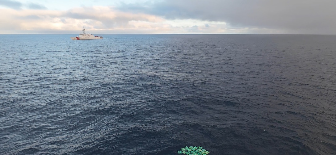Coast Guard Cutter Stone's crew recovers bales of narcotics approximately 150 miles off the Galapagos Islands, Aug. 16, 2025. Stone’s crew offloaded approximately 49,010 pounds of illicit narcotics worth more than $362 million at Port Everglades, Florida, Nov. 19, 2025. (U.S. Coast Guard photo by Cutter Stone's crew)