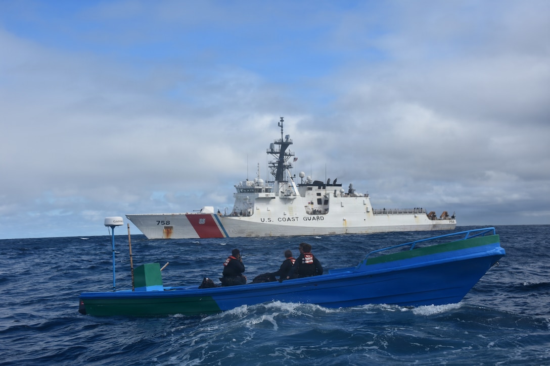 Coast Guard Cutter Stone's crew interdicts a suspected drug smuggling vessel approximately 500 miles off the Galapagos Islands, Sept. 23, 2025. Stone’s crew offloaded approximately 49,010 pounds of illicit narcotics worth more than $362 million at Port Everglades, Florida, Nov. 19, 2025. (U.S. Coast Guard photo by Cutter Stone's crew)
