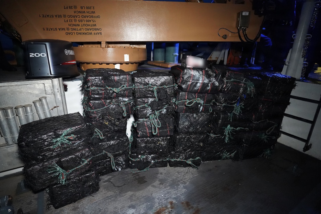 Coast Guard Cutter Stone's crew stores drug bales from an interdicted drug smuggling vessel approximately 300 miles off the Ecuador, Nov. 4, 2025. Stone’s crew offloaded approximately 49,010 pounds of illicit narcotics worth more than $362 million at Port Everglades, Florida, Nov. 19, 2025. (U.S. Coast Guard photo by Cutter Stone's crew)