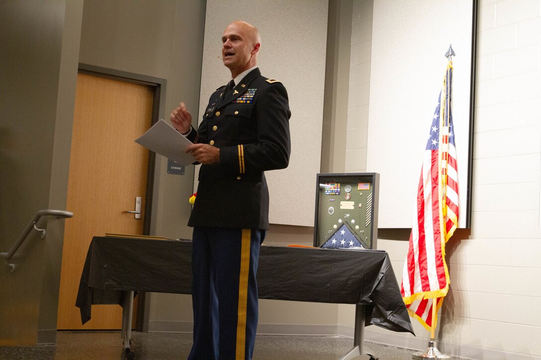 U.S. Army Col. Christopher Howell delivers remarks during his retirement ceremony at Boone National Guard Center in Frankfort, Ky., Oct. 18, 2025.