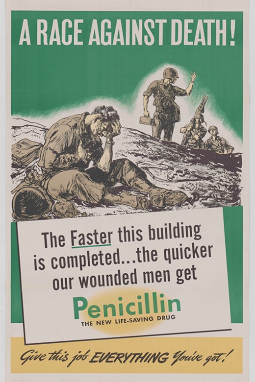 An old-time poster promotes the drug penicillin by showing an injured cartoon soldier looking despondent on the battlefield.