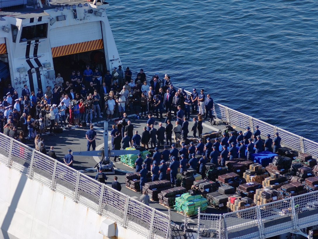 Coast Guard and joint agency partner leadership held a press conference during a drug offload at Port Everglades in Fort Lauderdale, Florida, Nov. 19, 2025. Stone’s crew offloaded approximately 49,010 pounds of illicit narcotics worth more than $362 million. (U.S. Coast Guard photo by Chief Warrant Officer Weldon James )