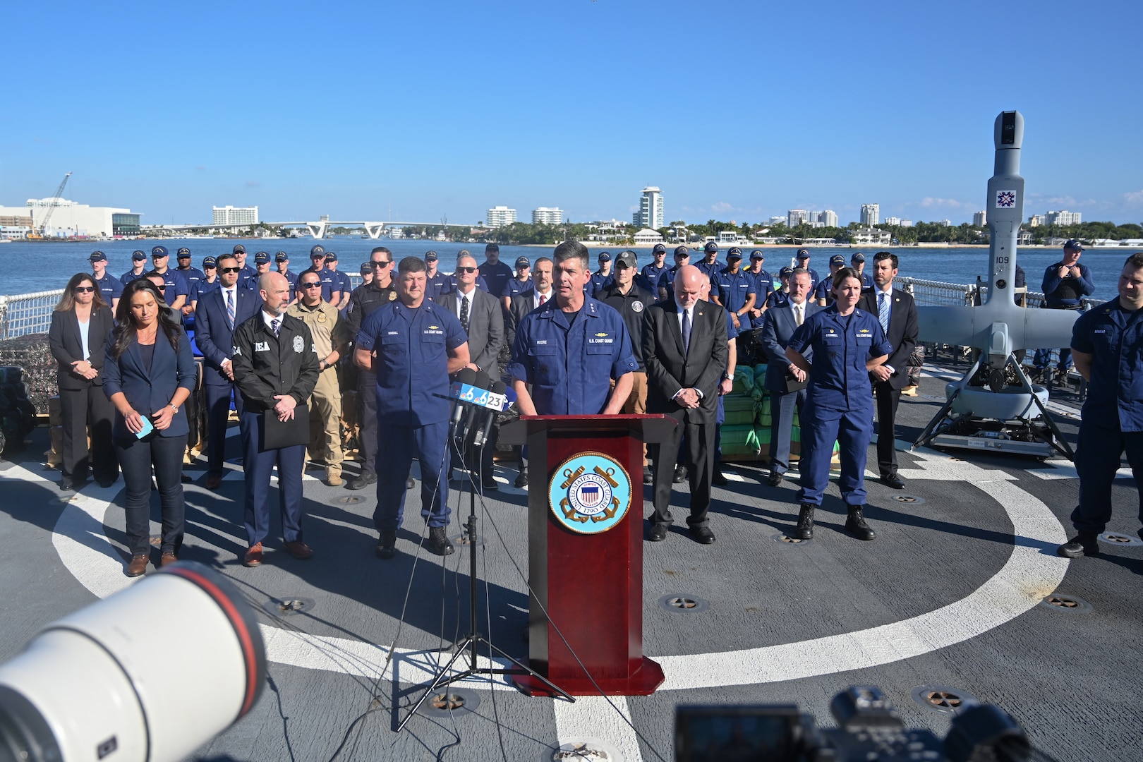Coast Guard Vice Adm. Nathan Moore, Atlantic Area commander, delivers remarks during a drug offload press conference at Port Everglades in Fort Lauderdale, Florida, Nov. 19, 2025. Stone’s crew offloaded approximately 49,010 pounds of illicit narcotics worth more than $362 million. (U.S. Coast Guard photo by Petty Officer 2nd Class Brandon Hillard)