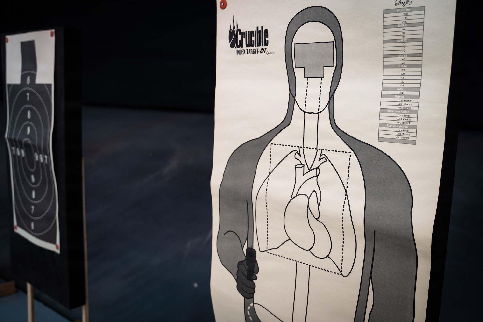 A shooting target is used to develop precise and accurate marksmanship at Cannon Air Force Base, New Mexico, Nov. 17, 2025. Combat Arms Training and Maintenance instructors teach Airmen how to correctly and safely operate various firearms to strengthen readiness across the wing. (U.S. Air Force photo by Airman 1st Class Tori Shearn)