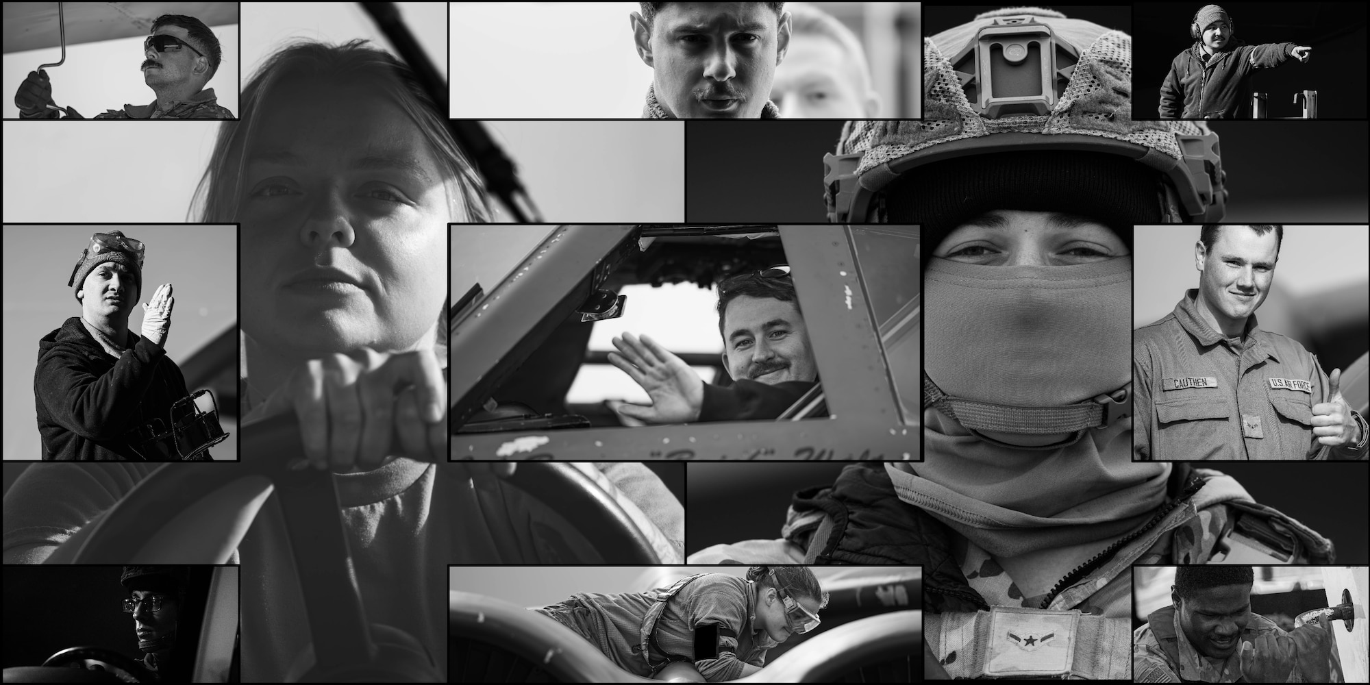 A collage featuring portraits taken of U.S. Airmen assigned to Minot Air Force Base and Barksdale Air Force Base during Global Thunder 26 at Minot Air Force Base, North Dakota, Nov. 19, 2025. Global Thunder is an annual command and control exercise designed to train U.S. Strategic Command forces and assess joint operational readiness. (U.S. Air Force photo illustration by Senior Airman Kyle Wilson)