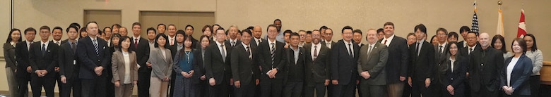 Members of the U.S. Army Corps of Engineers – Japan Engineer District (USACE JED) Engineering Division and the Japanese Ministry of Defense (MoD) Engineering Facilities Group pose for a photo before the opening of a technical forum held at Camp Zama, Japan, on November 18, 2025. This event marked the 27th year of this important collaboration and the second annual meeting between U.S. and Japanese defense engineers following disruptions caused by the COVID-19 pandemic. The forum brought together approximately 75 engineers and architects from both organizations.