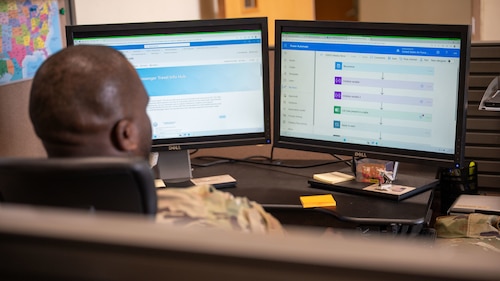 U.S. Air Force Airman 1st Class Adedayo Adepegba, 51st Logistics Readiness Squadron passenger travel technician, designs an autonomous workflow system at Osan Air Base, Republic of Korea, Oct. 22, 2025. The program automates routine tasks and enhances shop efficiency. (U.S. Air Force photo by Senior Airman Rome Bowermaster)