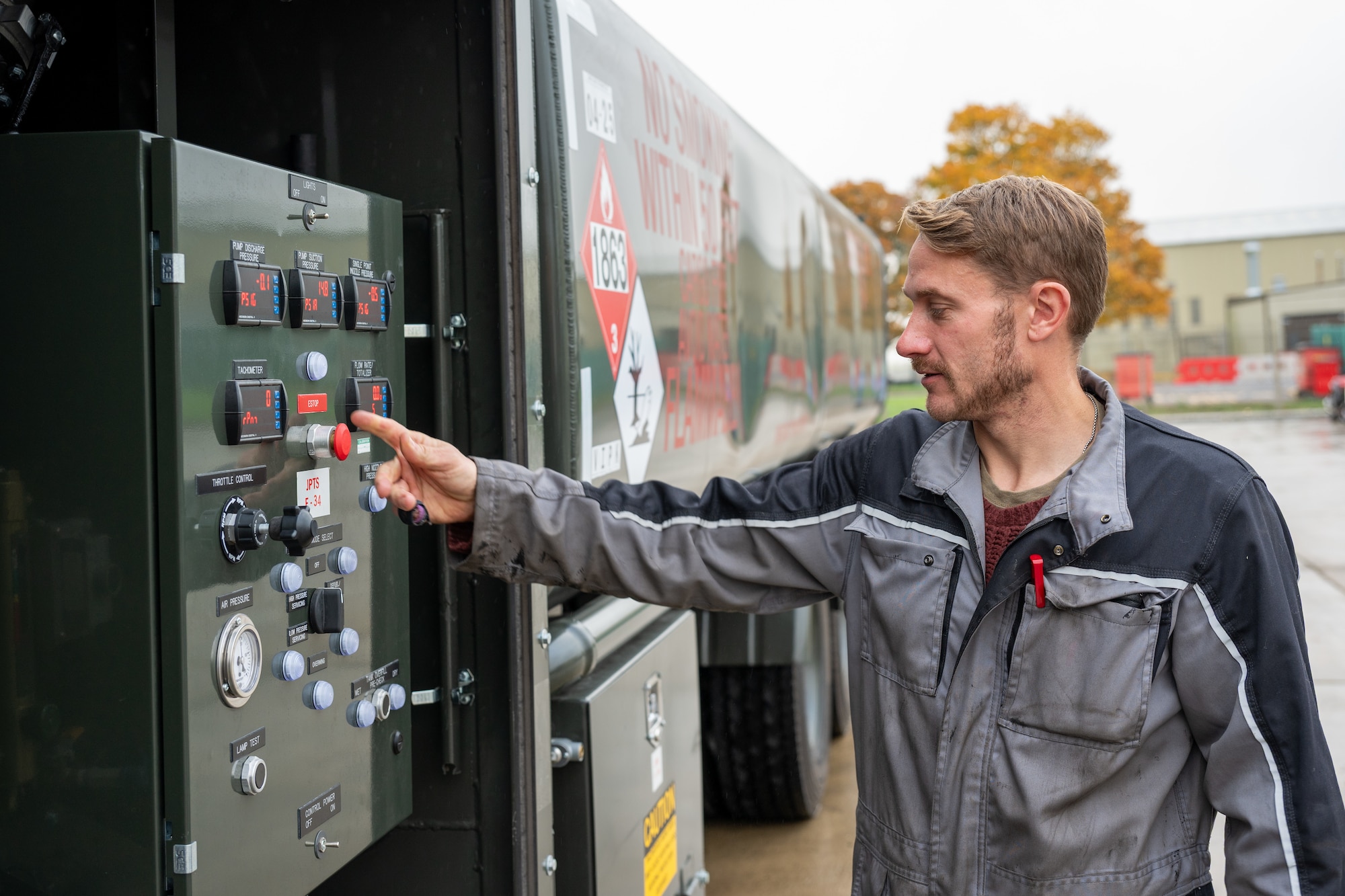 Calvin Gardner, a fire vehicle team lead assigned to the 420th Air Base Squadron Logistics Readiness Vehicle Management shop, tests a refueling truck’s pump system at RAF Fairford, England, Oct. 16, 2025. The 420th LGRV Vehicle Management shop maintains and repairs vehicles that support aircraft, airfield operations, and base logistics. (U.S. Air Force photo by Airman 1st Class Adam Enbal)