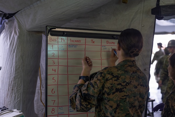 U.S. Navy Hospital Corpsman 2nd Class Kylie Dunn, a corpsman with 3rd Medical Battalion, 3rd Marine Logistics Group, records each patient’s treatment onto a board during exercise 07JX on Ishigaki, Okinawa, Japan, Oct. 25, 2025. 07JX is a bilateral exercise that aims to enhance bilateral Japan-U.S. capabilities for humanitarian assistance and disaster relief operations in the Southwest islands. (U.S. Marine Corps photo by Lance Cpl. Marcus Henson)