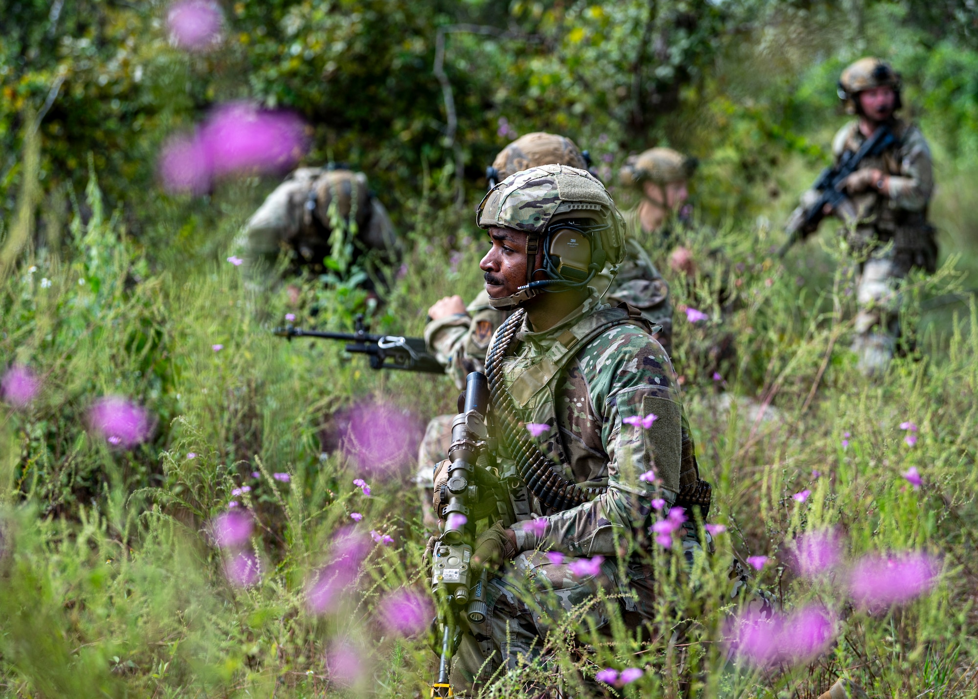 U.S. Air Force Airmen assigned to the 822nd Base Defense Squadron stand watch during Exercise IRON SAFESIDE at Moody Air Force Base, Georgia, Oct. 3, 2025. The Airmen setup post at the simulated contingency location to ensurethe squadron could respond quickly to any threats during the exercise. (U.S. Air Force photo by Senior Airman Leonid Soubbotine)