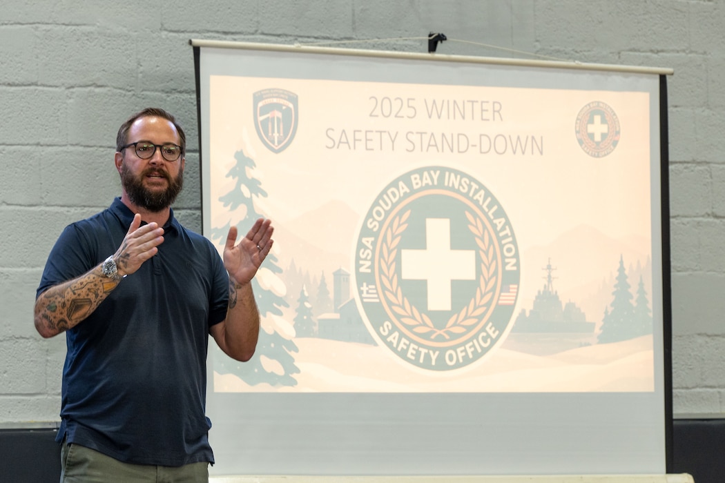 Kevin Breitenstein, safety officer, Naval Support Activity Souda Bay, introduces the NSA Souda Bay 2025 Winter Safety Stand Down event hosted by the NSA Souda Bay Safety Office at the base fitness center, Nov. 14, 2025.