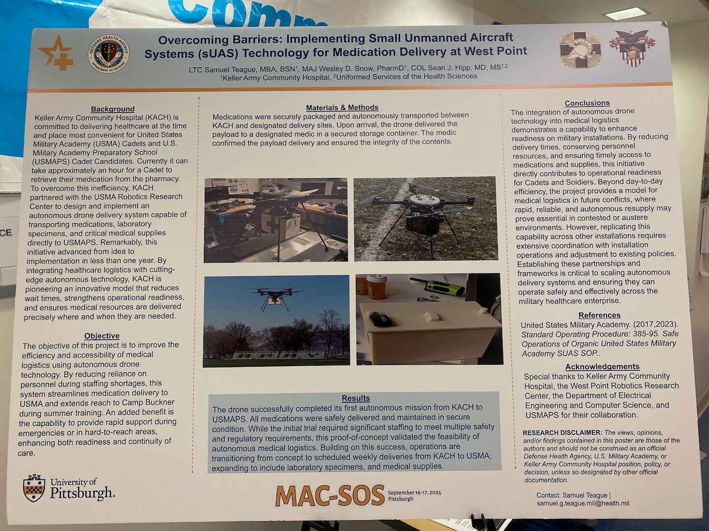 “Overcoming Barriers: Implementing Small Unmanned Aircraft Systems (sUAS) Technology for Medication Delivery at West Point” poster presented by Keller staff and U.S. Military Academy at West Point cadets.