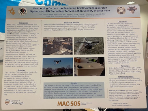 “Overcoming Barriers: Implementing Small Unmanned Aircraft Systems (sUAS) Technology for Medication Delivery at West Point” poster presented by Keller staff and U.S. Military Academy at West Point cadets.