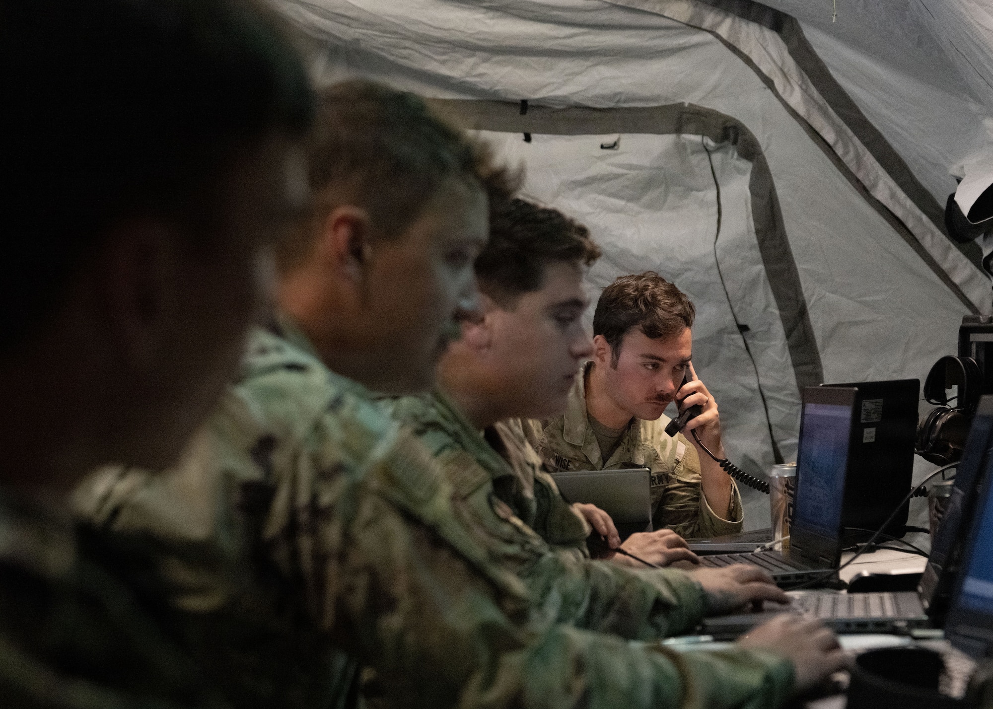 Service members assigned to the Joint Communications Support Element (JCSE) use high-frequency radio technology for beyond line-of-site communication during Exercise Noble Skywave at MacDill Air Force Base, Florida, Oct. 22, 2025. Noble Skywave is an annual, Canadian-led high-frequency radio competition for military units to test and improve their ability to use High-Frequency radio technology. JCSE competes to maintain high-frequency expertise and ability to operate in any environment. (U.S. Air Force photo by Airman Alexis Adams)